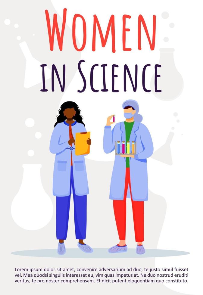 Women in science poster vector template. Females in chemistry, medicine. Brochure, cover, booklet page concept design with flat illustrations. Advertising flyer, leaflet, banner layout idea