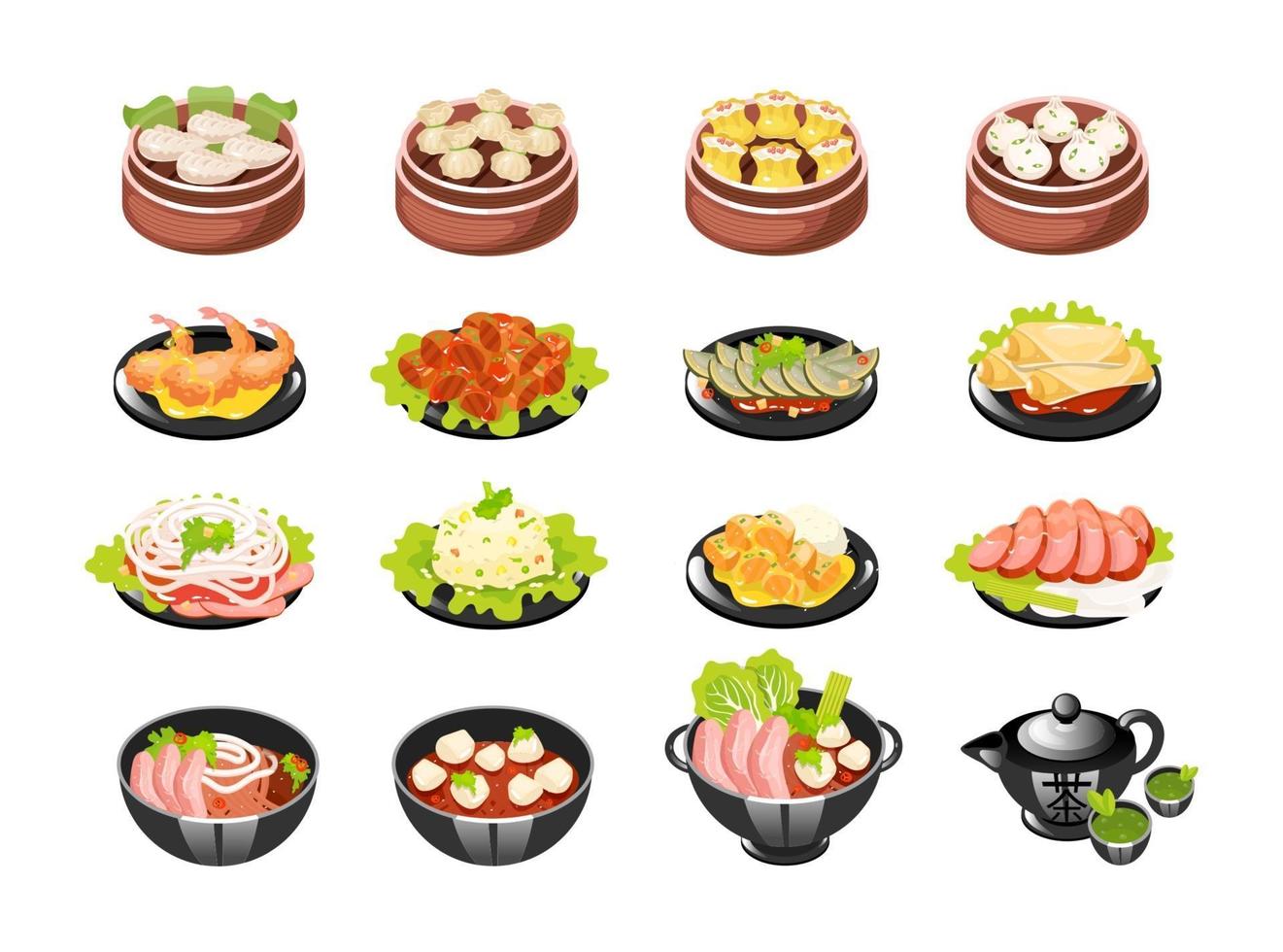 Conjunto de iconos de colores de platos chinos. tipos de dim sum con relleno de carne y verduras. rollitos de primavera y ensalada de verduras. cocina tradicional oriental. sopa picante de fideos. ilustraciones vectoriales aisladas vector