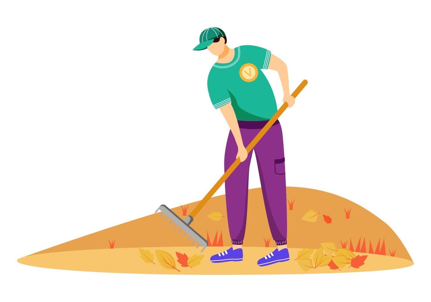 Volunteer cleaning leaves flat vector illustration. Community service worker in uniform isolated cartoon character on white background. Environmental activist working with rakes. Seasonal chores
