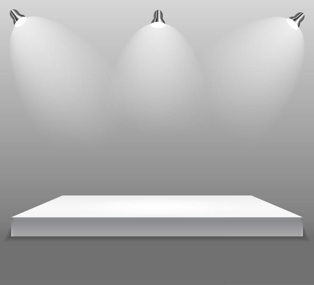 Exhibition Concept, White Empty Shelf Stand with Illumination on Gray Background. Template for Your Content. 3d Vector Illustration