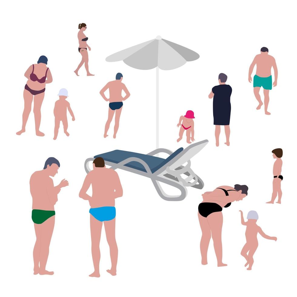 Set of Sunbathing and Playing People on Beach in Swimsuits. Vector Illustration.