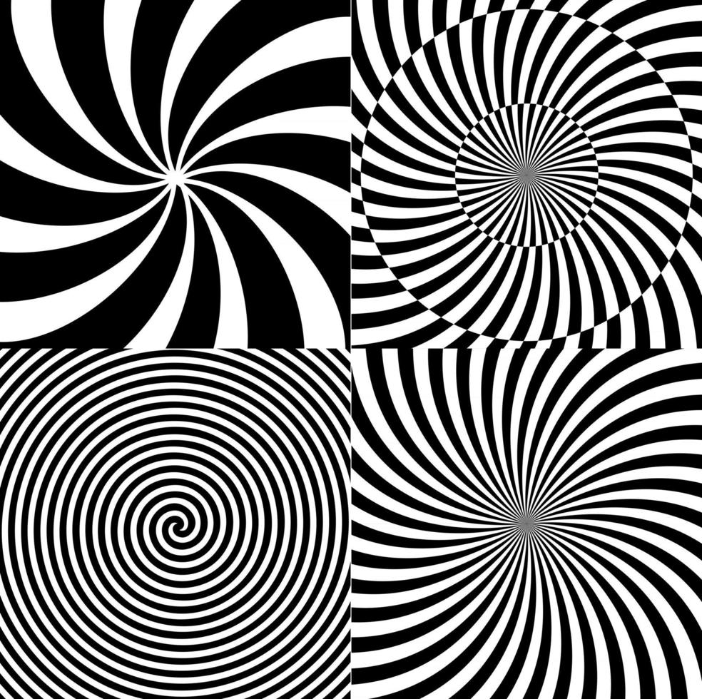 Black and White Hypnotic Psychedelic Spiral with Radial Rays, Twirl Background Collection Set Pattern. Vector Illustration