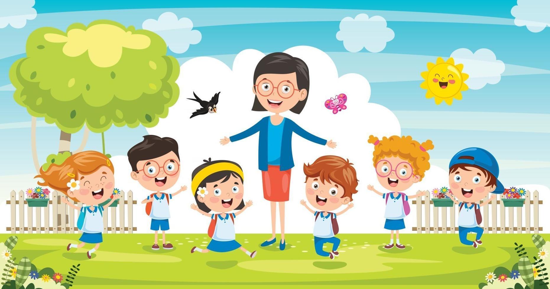 Little Students With Their Teacher vector