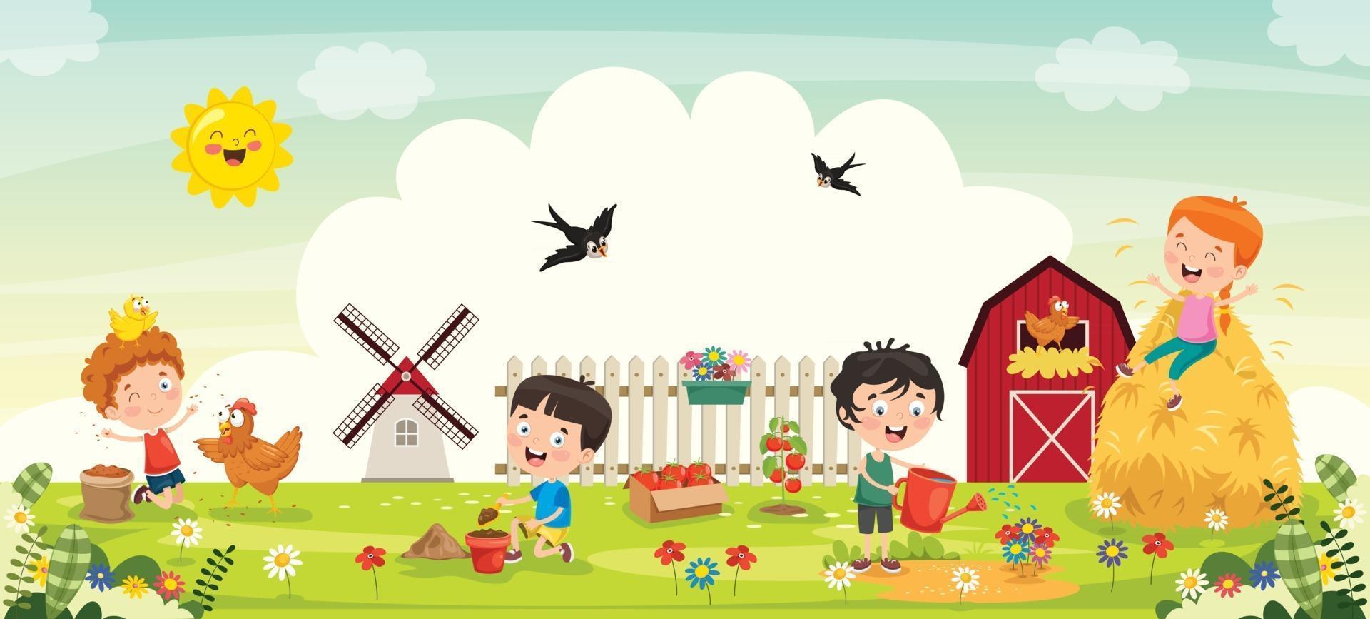 Little Children Gardening And Planting vector
