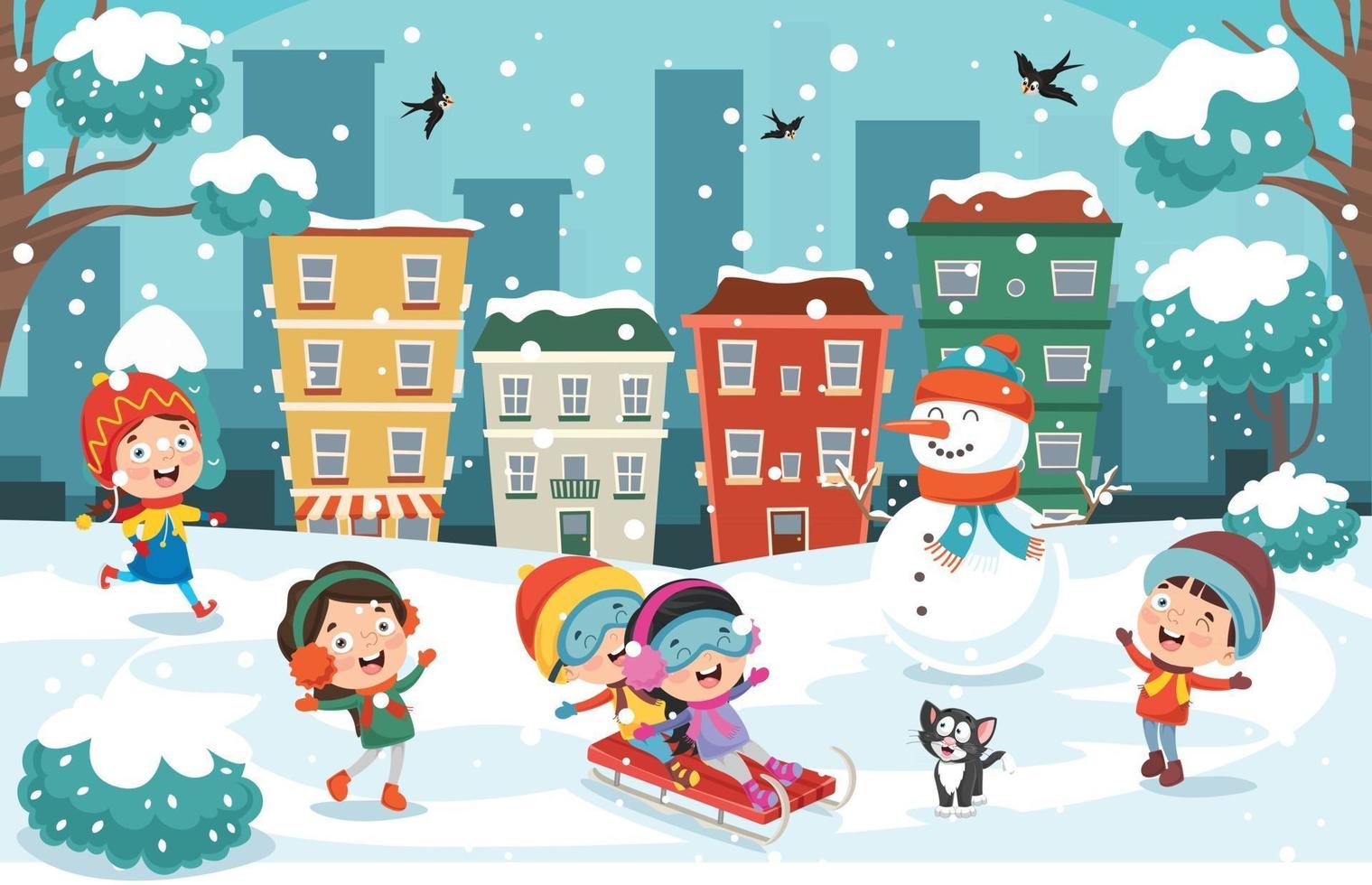 Winter Drawing With Cartoon Character vector