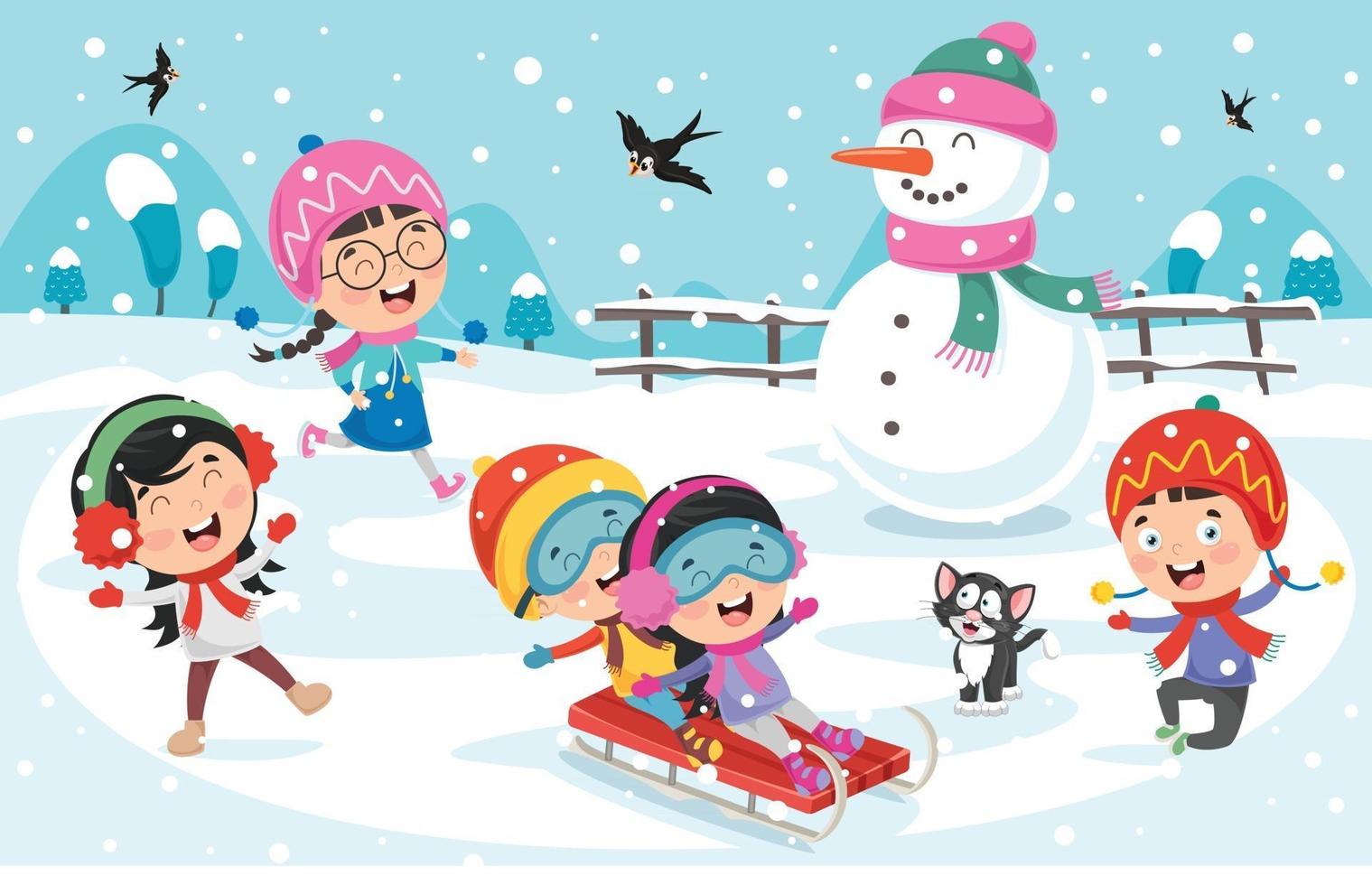 Children Playing Outside In Winter vector