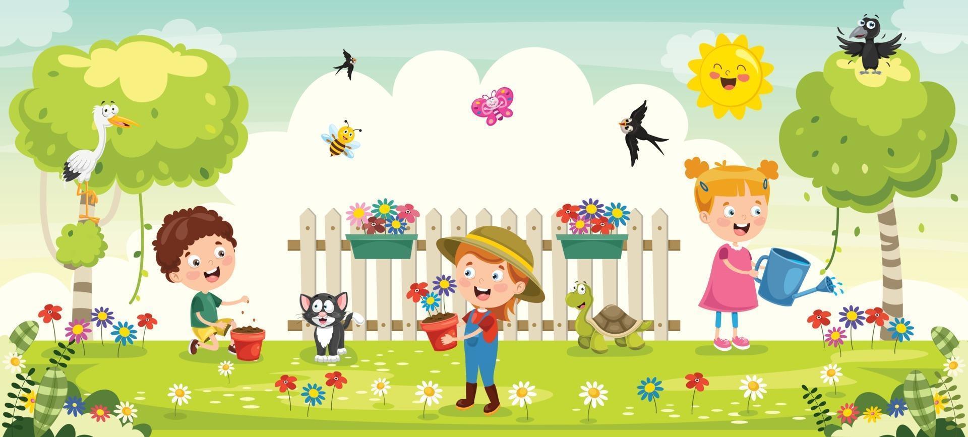 niños pequeños jardinería y plantación vector