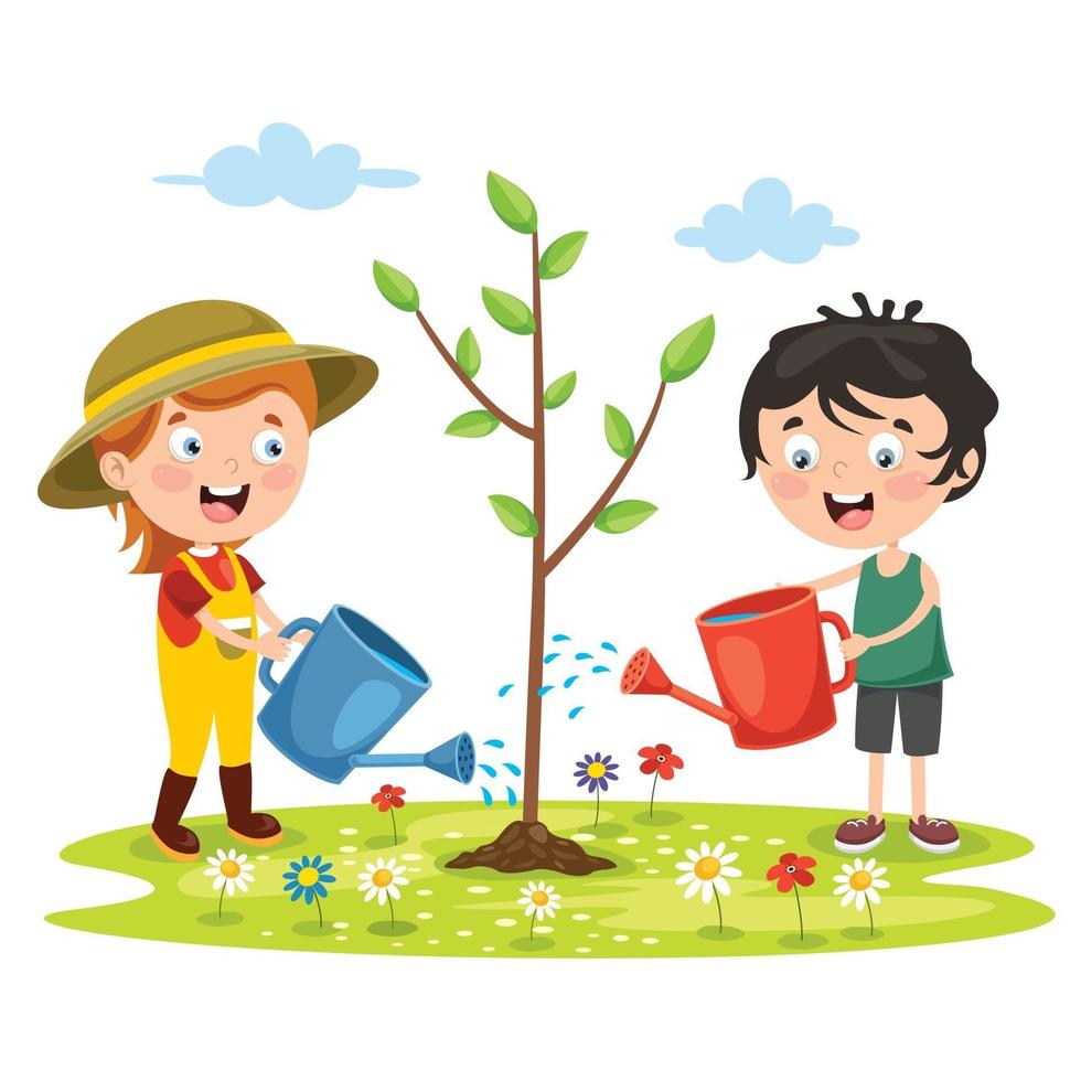 niños pequeños jardinería y plantación vector