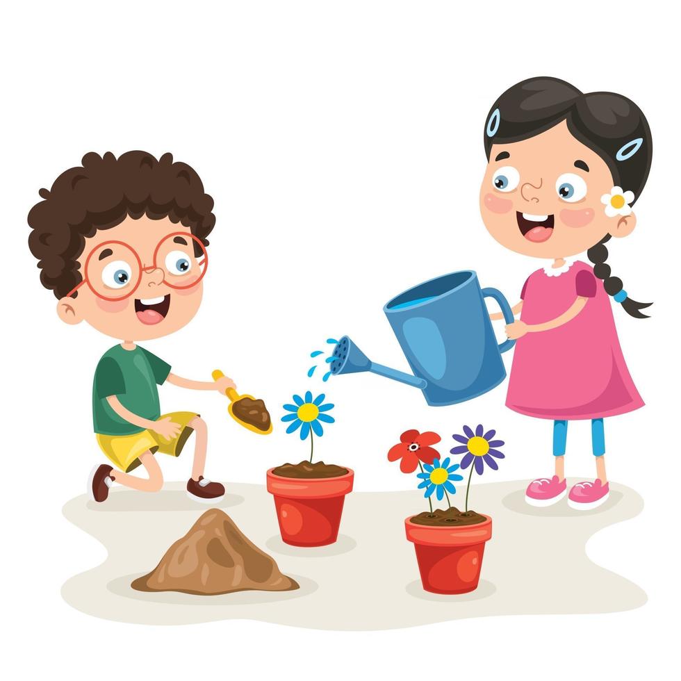 niños pequeños jardinería y plantación vector