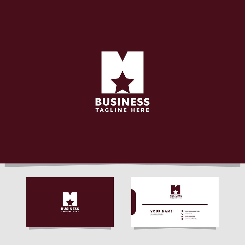 Simple and Minimalist Star on Letter M Logo on Maroon Background with Business Card Template vector