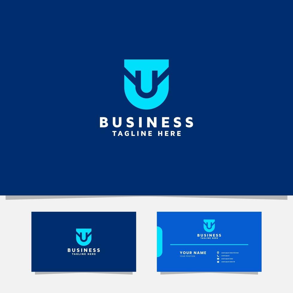 Logotipo simple y minimalista de la letra t azul brillante en un escudo redondeado con plantilla de tarjeta de visita vector