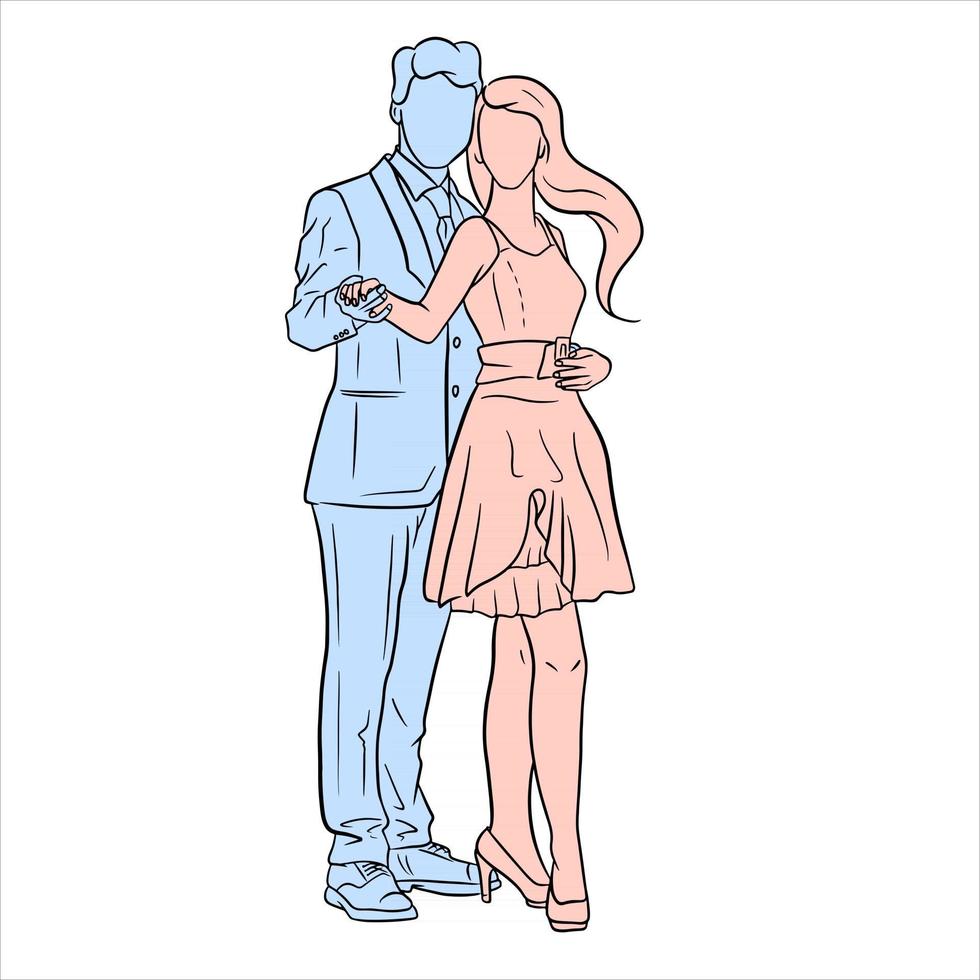 The girl and the guy are hugging. A girl in a dress. The guy in the suit. vector