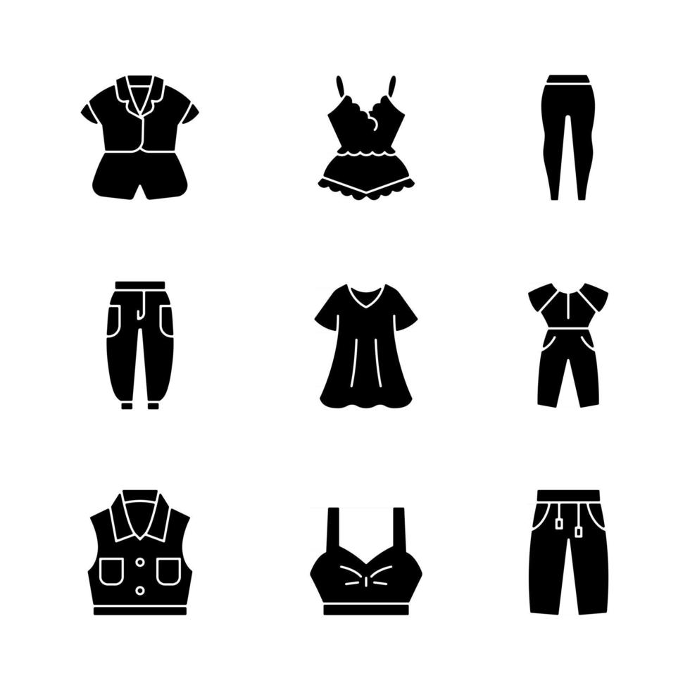 Comfortable homewear black glyph icons set on white space. Silk nightwear. Leggings and joggers. Denim jacket. Oversized dress. Sleepwear. Silhouette symbols. Vector isolated illustration