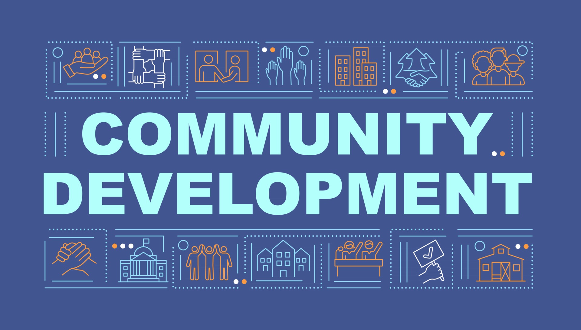 Community development word concepts banner. Social group improvement.  Infographics with linear icons on navy background. Isolated creative  typography. Vector outline color illustration with text 2825343 Vector Art  at Vecteezy