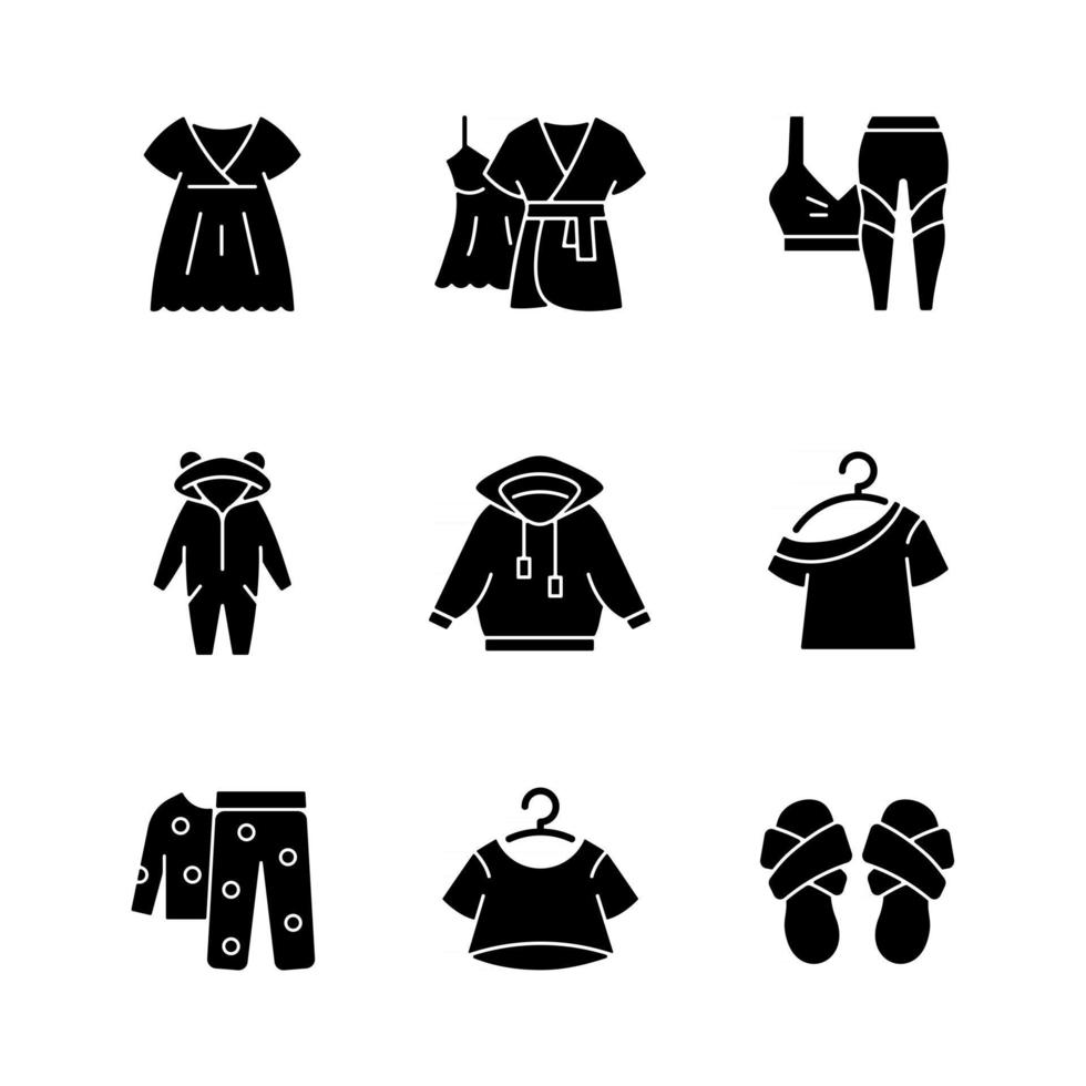 Comfortable sleepwear black glyph icons set on white space. Nightgown and dress for lounging. Sportswear for women. Cross band slippers. Homewear. Silhouette symbols. Vector isolated illustration