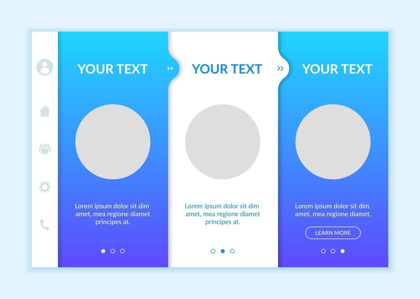 plantilla de vector de incorporación de redes sociales. sitio web móvil receptivo con iconos. Tutorial de la página web Pantallas de 3 pasos. adquirir conocimiento. Blogging y publicación de concepto de color con espacio de copia.