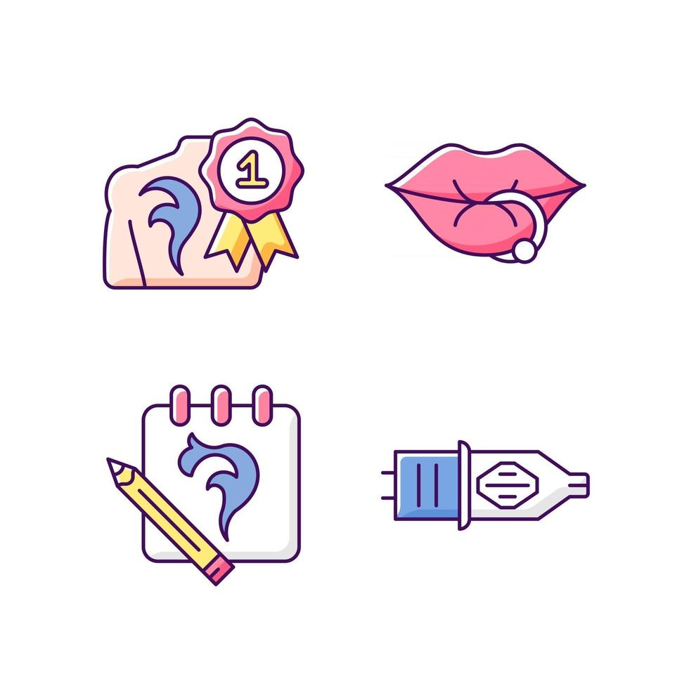 Conjunto de iconos de color rgb de salón de tatuajes y piercings. ilustraciones vectoriales aisladas. equipo profesional. ganando el concurso de tatuajes. creando hermosos bocetos colección de dibujos de líneas rellenas simples vector