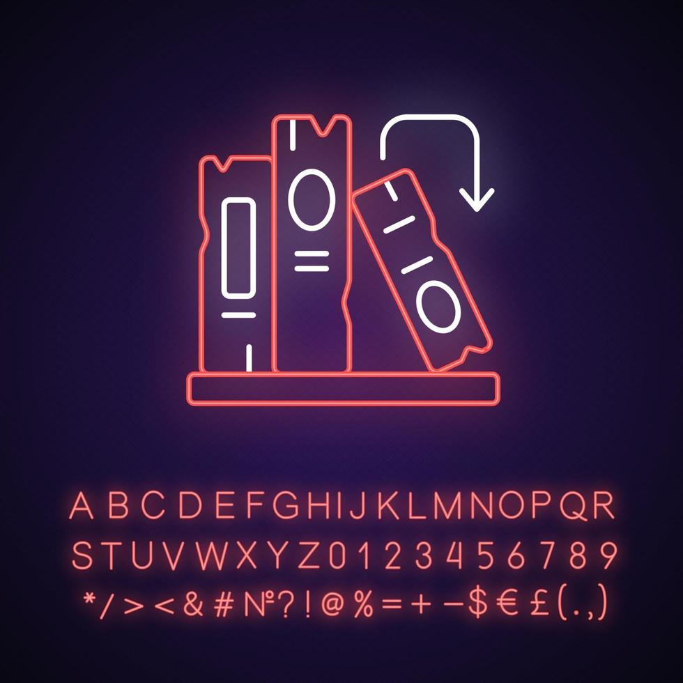 Book on shelf neon light icon. Search for information. Solving puzzles, clues for riddles. Outer glowing effect. Sign with alphabet, numbers and symbols. Vector isolated RGB color illustration