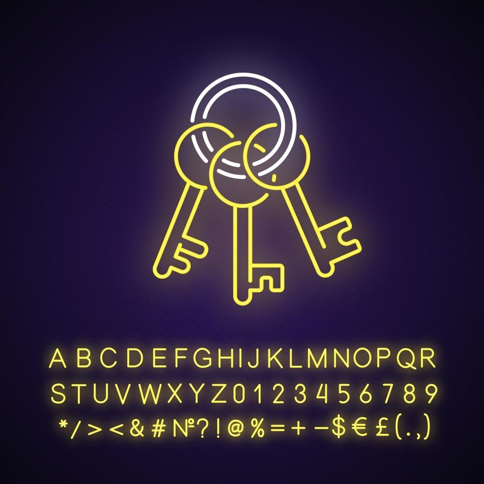 Key chain neon light icon. Steel keychain, metallic keyring. Solving puzzles, clues for riddles. Outer glowing effect. Sign with alphabet, numbers and symbols. Vector isolated RGB color illustration