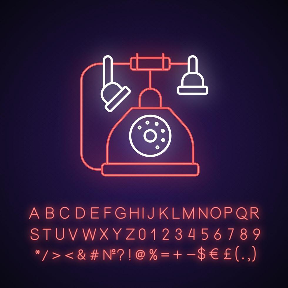 Telephone neon light icon. Old fashioned phone. Classic device with cord. Solving puzzles. Outer glowing effect. Sign with alphabet, numbers and symbols. Vector isolated RGB color illustration