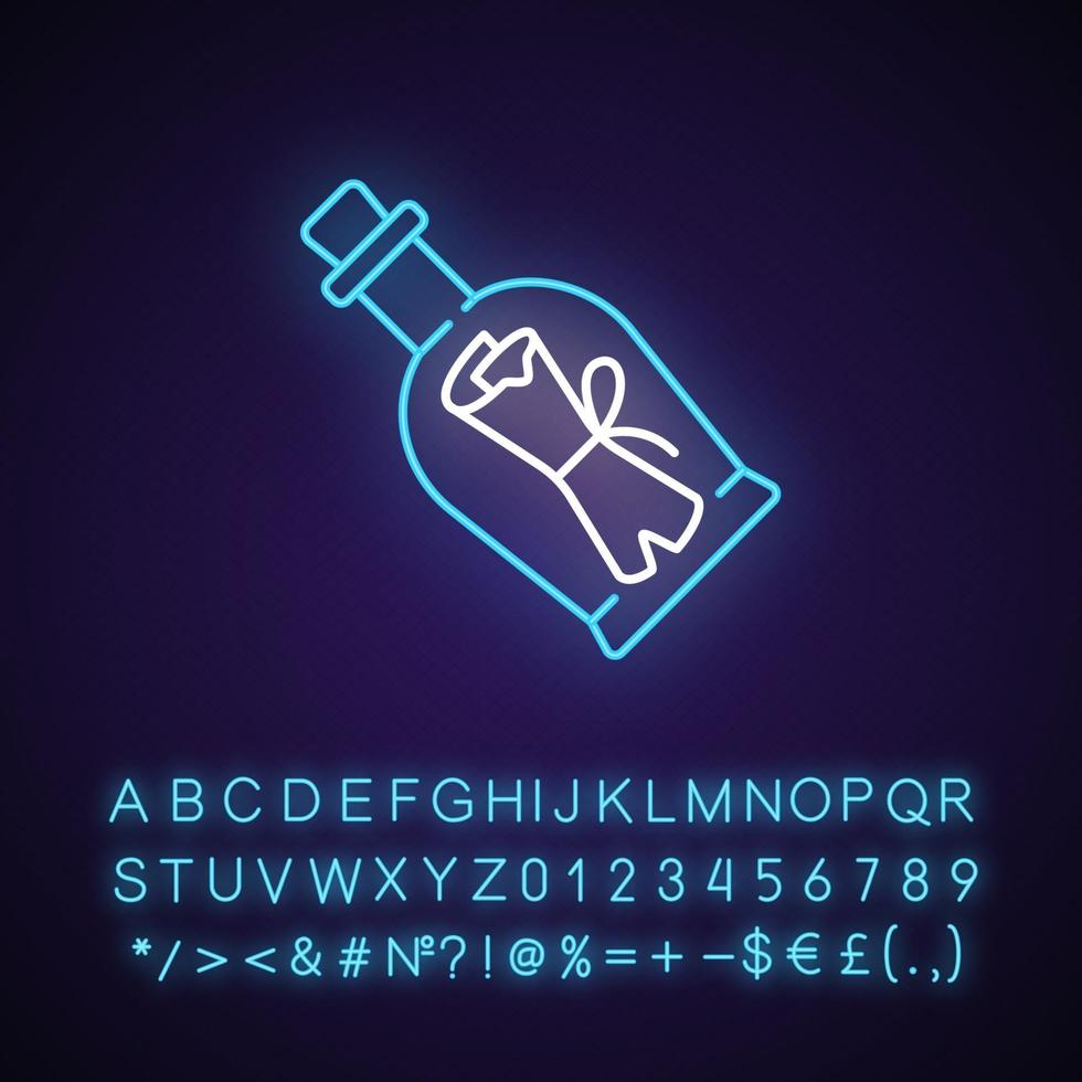 Message in bottle neon light icon. Scrolled note inside glass with cork. Clues for riddles. Outer glowing effect. Sign with alphabet, numbers and symbols. Vector isolated RGB color illustration