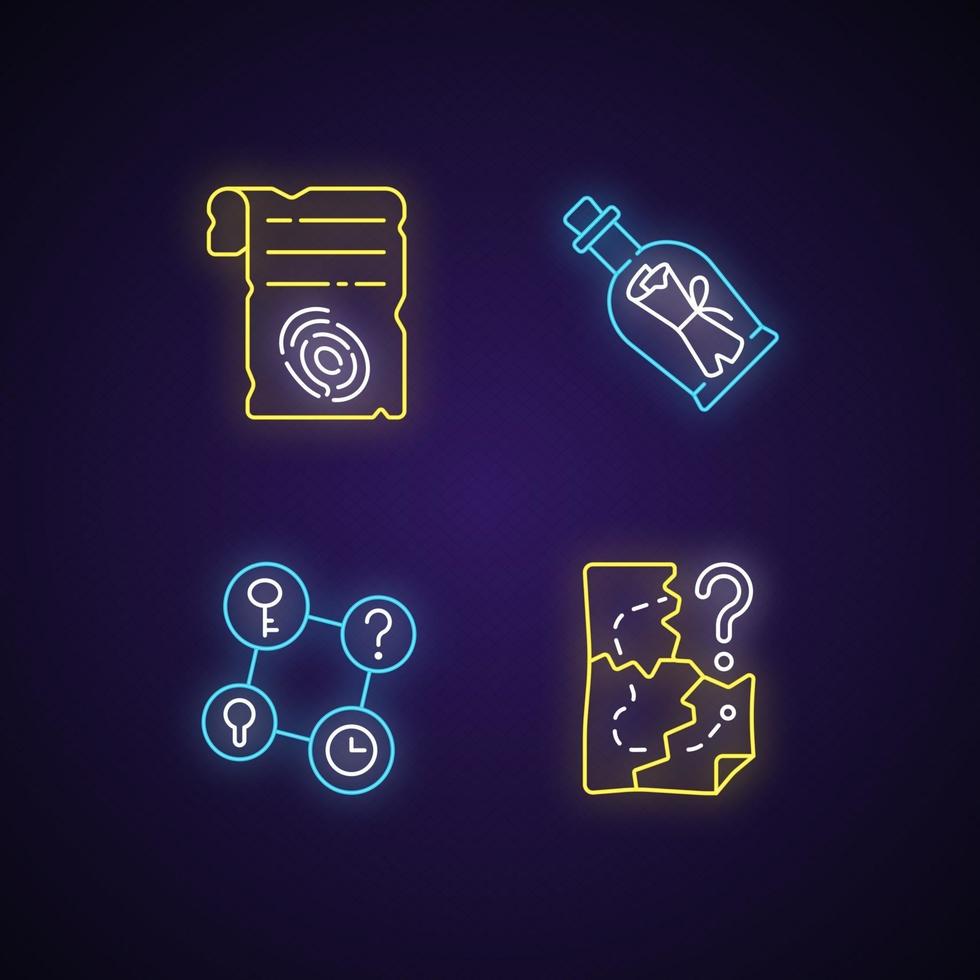 Mystery quest neon light icons set. Paper shit with fingerprint. Message in bottle. Contact facts. Part of mystery quest. Signs with outer glowing effect. Vector isolated RGB color illustrations