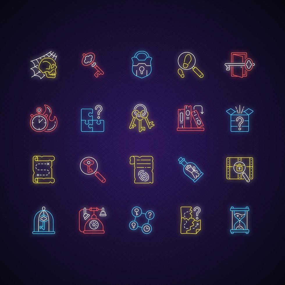 Escape room neon light icons set. Challenge for logic skills. Solving puzzles, clues for riddles. Mystery quest. Isolated vector illustrations. Solving puzzles simple filled line drawings collection
