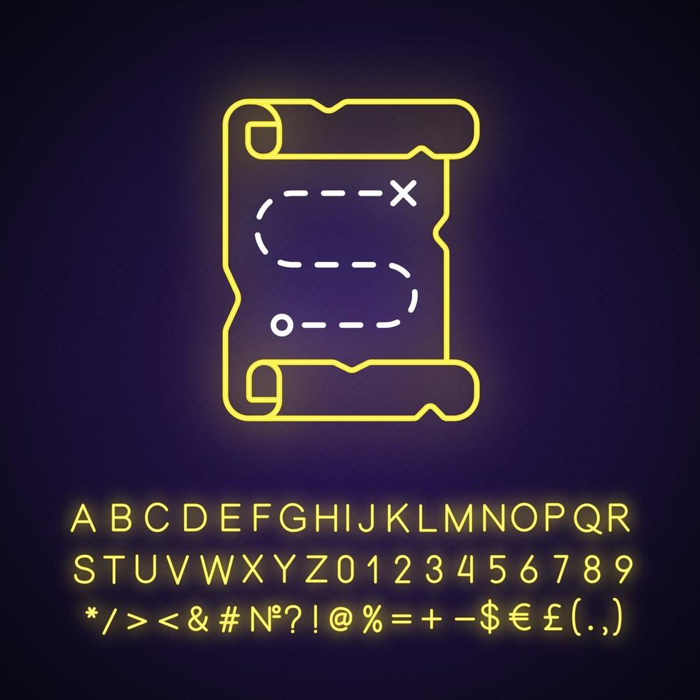 Map neon light icon. Searching for pirate treasure. Marked pathway on scroll. Clues for riddles. Outer glowing effect. Sign with alphabet, numbers and symbols. Vector isolated RGB color illustration