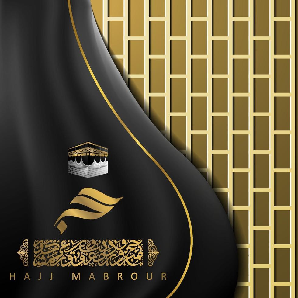 Tarjeta de felicitación hajj mabrour diseño de vector de patrón floral islámico con caligrafía árabe, kaaba y media luna