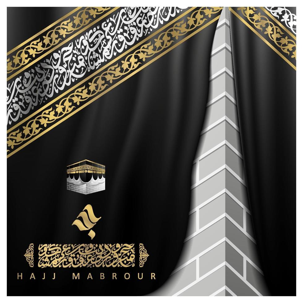 Tarjeta de felicitación hajj mabrour diseño de vector de patrón floral islámico con caligrafía árabe, kaaba y media luna