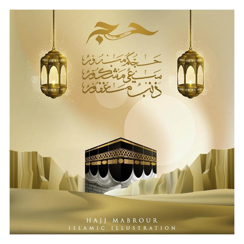 Tarjeta de felicitación hajj mabrour diseño de vector de patrón floral islámico con caligrafía árabe, kaaba y media luna