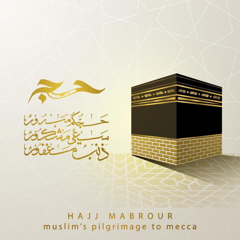 Tarjeta de felicitación hajj mabrour diseño de vector de patrón floral islámico con caligrafía árabe, kaaba y media luna