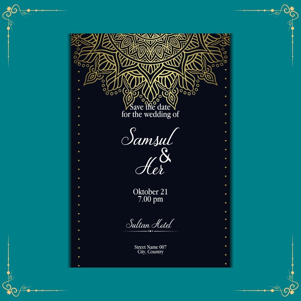 Luxury gold mandala ornate background for wedding invitation, book cover with mandala element style premium vector