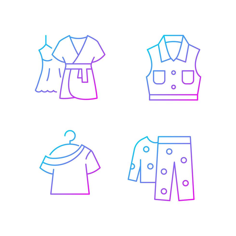 Clothes for sleeping gradient linear vector icons set. Mini gown with robe. One shoulder top. Fleece pajamas. Thin line contour symbols bundle. Isolated vector outline illustrations collection