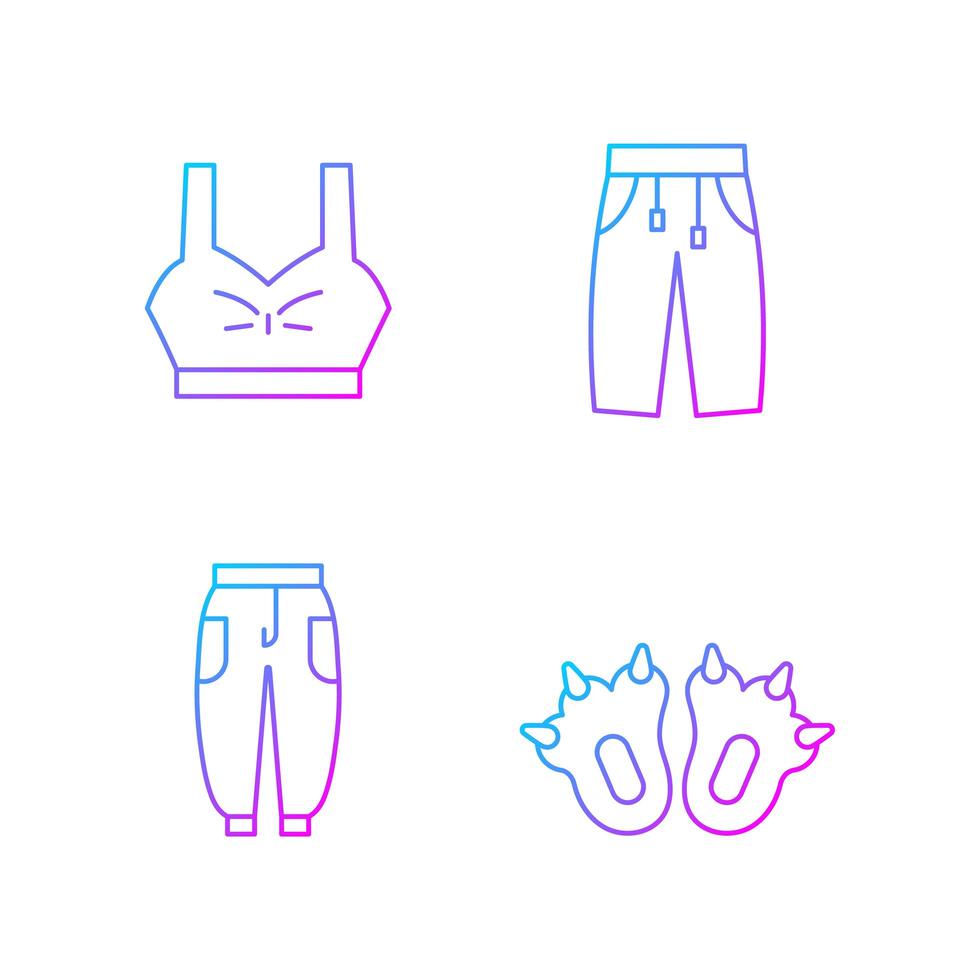 Comfortable clothes for home gradient linear vector icons set. Bra top. Sweatpants for women and men. Comfy joggers. Thin line contour symbols bundle. Isolated vector outline illustrations collection