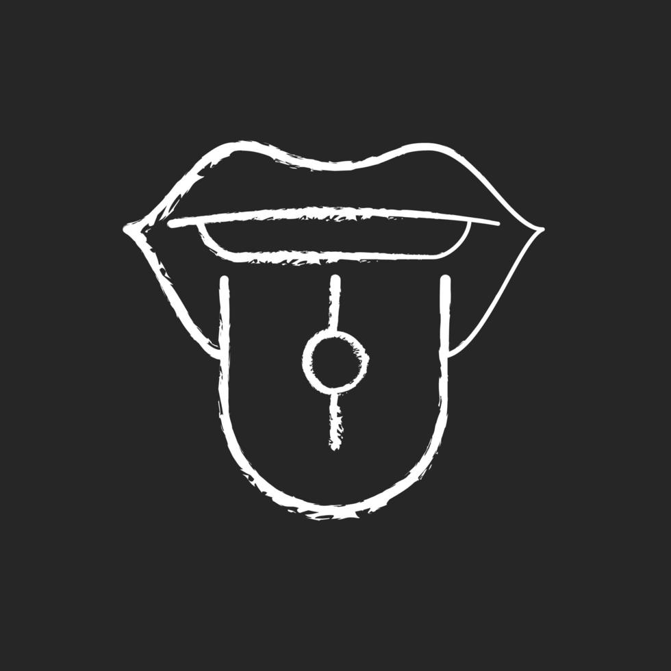 Tongue piercing chalk white icon on dark background. Beautiful jewellery in human mouth. Metal parts injected in human body. Nice looking piercing. Isolated vector chalkboard illustration on black