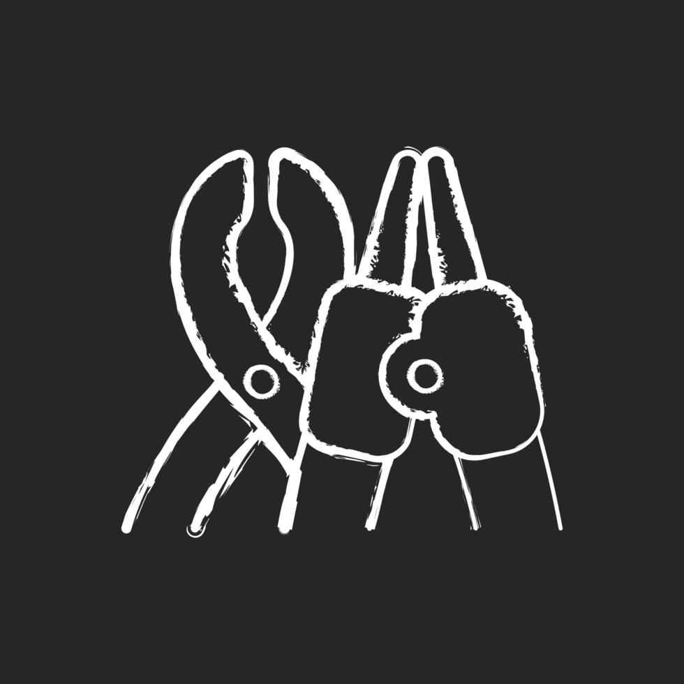 Piercing tools chalk white icon on dark background. Professional tool for punching small holes in human skin. Injecting iron parts. Modern style. Isolated vector chalkboard illustration on black