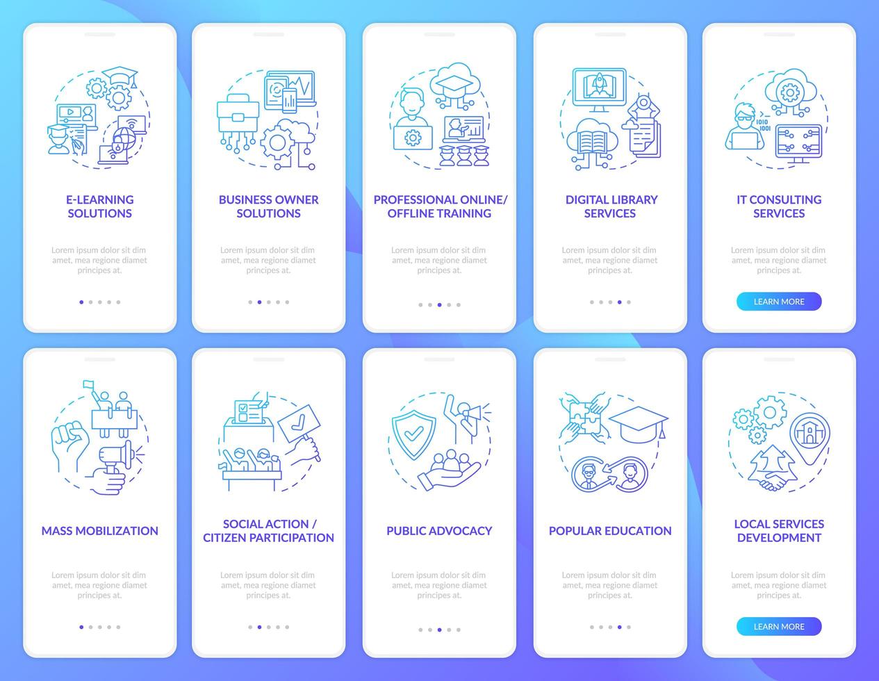 Social unit progress onboarding mobile app page screen with concepts set. Social action walkthrough 5 steps graphic instructions. UI, UX, GUI vector template with linear color illustrations