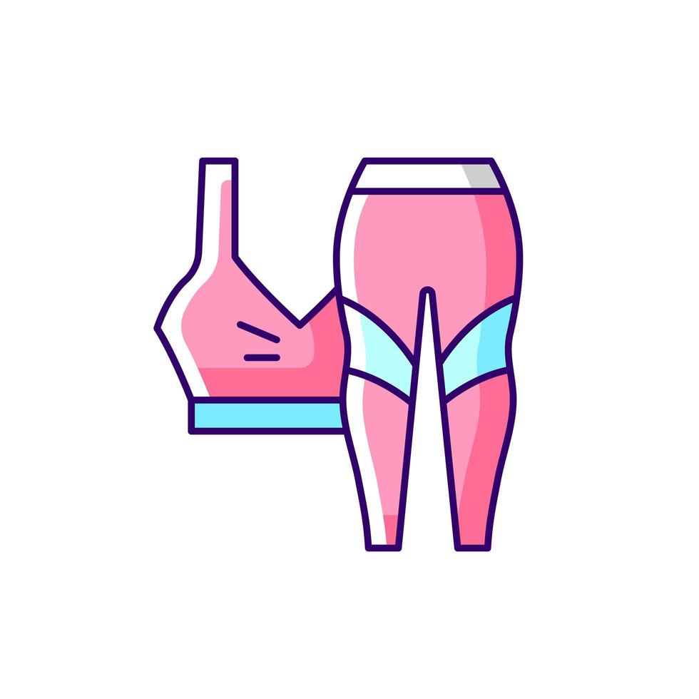 Workout clothes pink RGB color icon. Female sportswear. Bra top and leggings. Pants, shirt for gym activity. Isolated vector illustration. Comfortable homewear and sleepwear simple filled line drawing