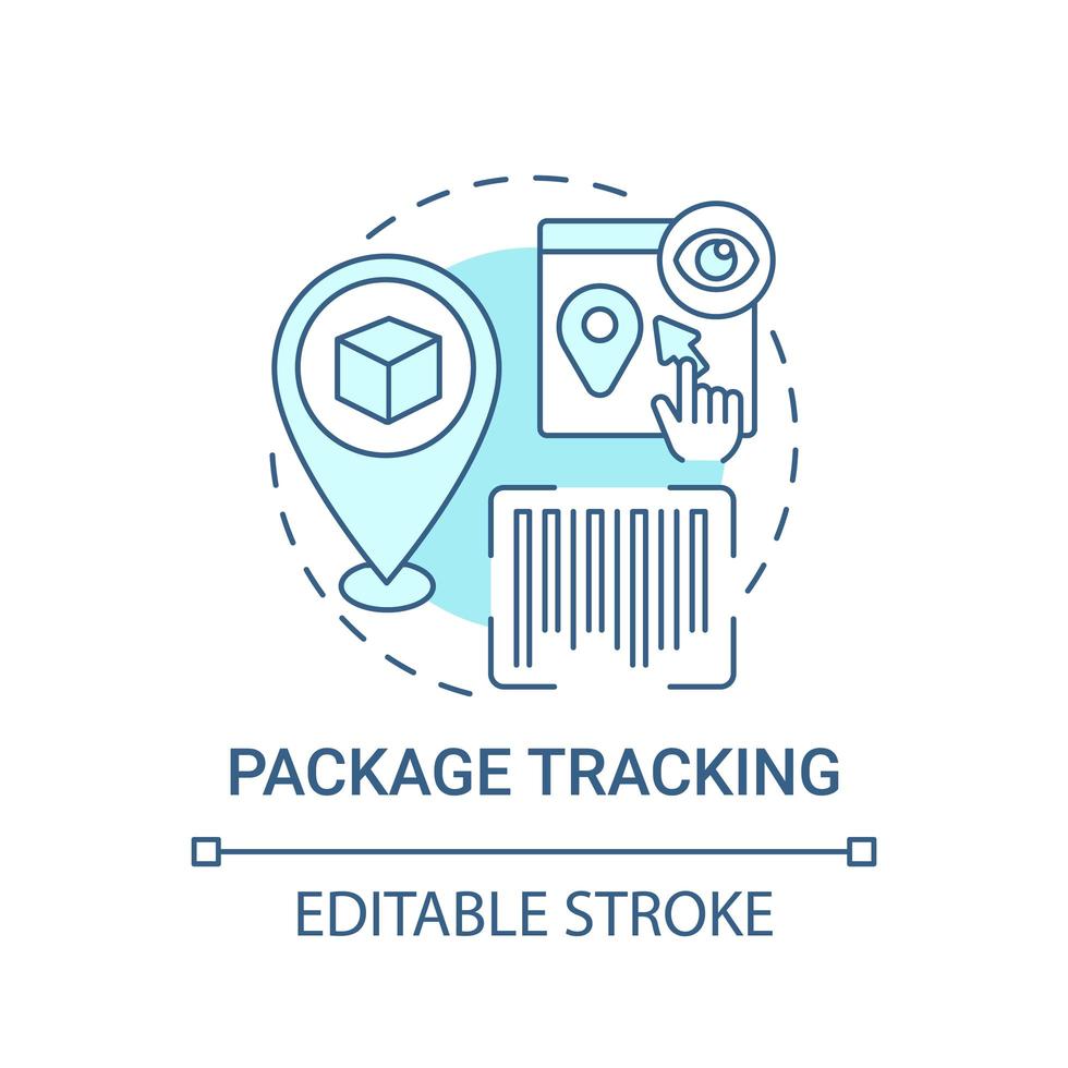 Package tracking concept icon. Global marketplace abstract idea thin line illustration. International parcel location checking. Shipment status. Vector isolated outline color drawing. Editable stroke