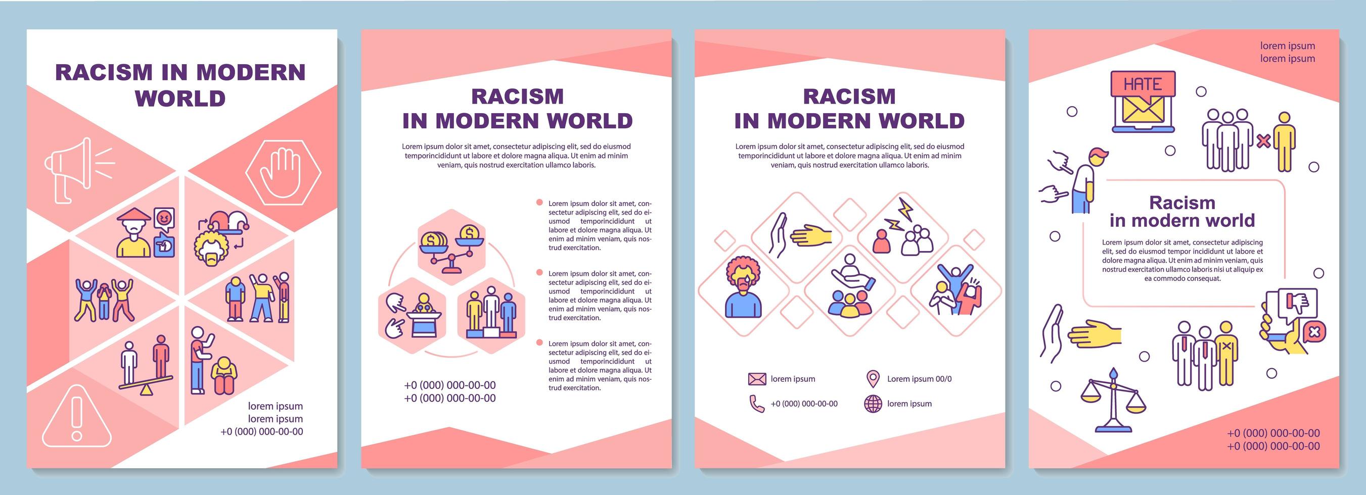 Racism in modern world brochure template. Social problems. Flyer, booklet, leaflet print, cover design with linear icons. Vector layouts for presentation, annual reports, advertisement pages