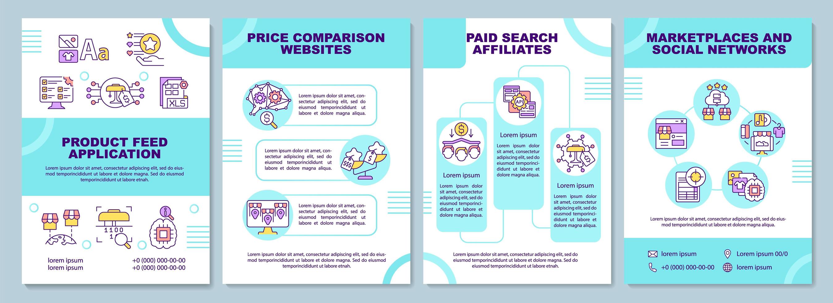 Product feed application brochure template. Price comparison. Flyer, booklet, leaflet print, cover design with linear icons. Vector layouts for presentation, annual reports, advertisement pages