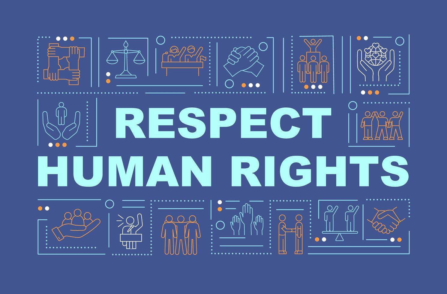 Respect human rights word concepts banner. Social problems. Infographics with linear icons on navy background. Isolated creative typography. Vector outline color illustration with text