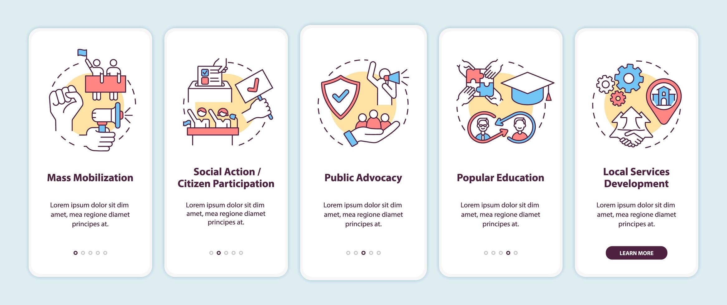 Community change strategies onboarding mobile app page screen with concepts. Mass mobilization walkthrough 5 steps graphic instructions. UI, UX, GUI vector template with linear color illustrations