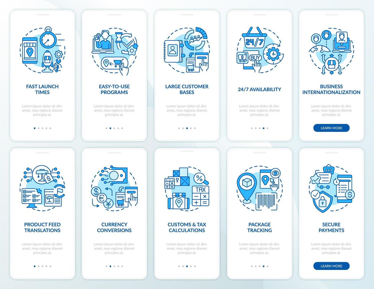 Online market place onboarding mobile app page screens set. E-commerce store walkthrough 5 steps graphic instructions with concepts. UI, UX, GUI vector template with linear color illustrations
