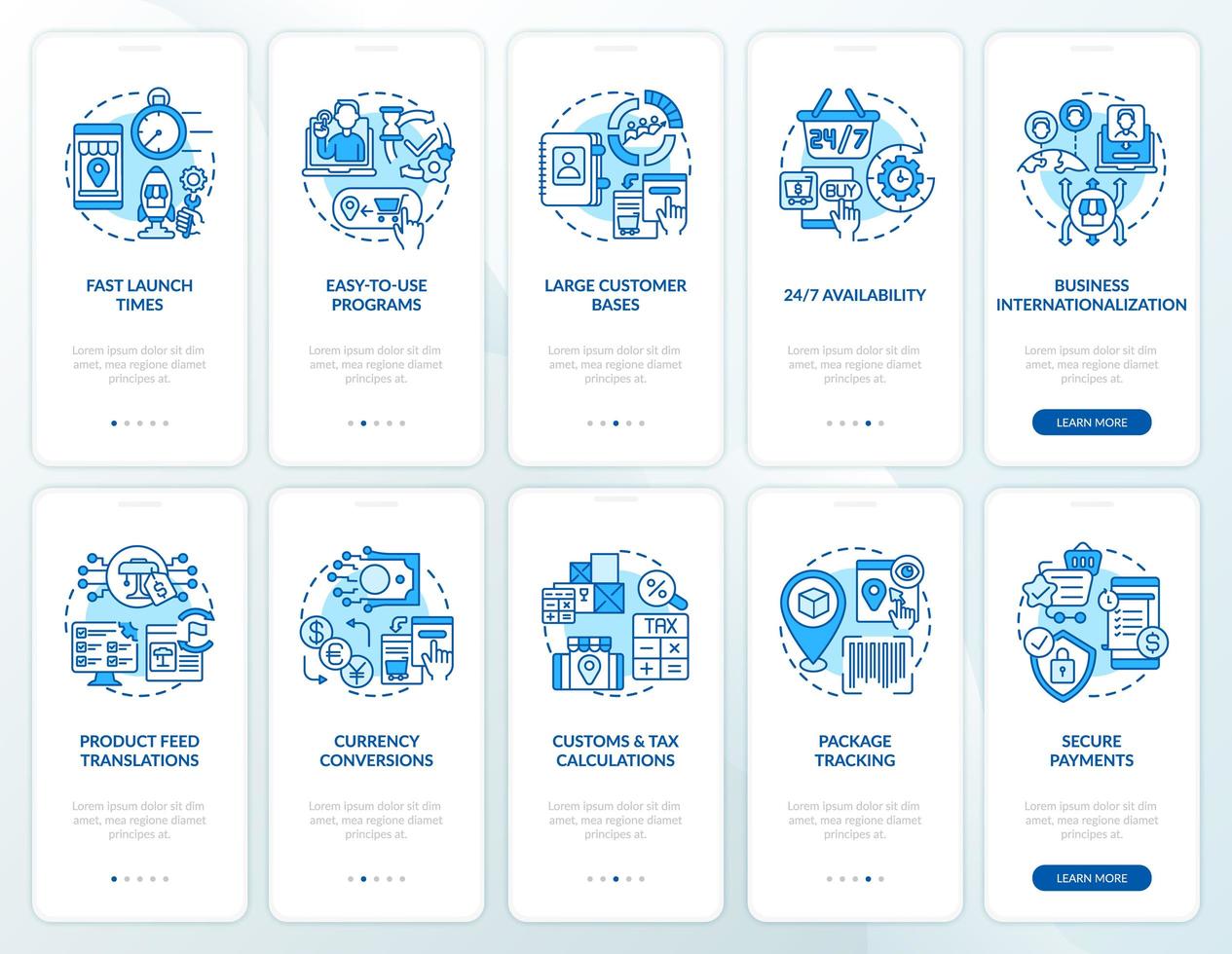 Conjunto de pantallas de página de aplicaciones móviles de incorporación de mercado en línea. Tutorial de la tienda de comercio electrónico Instrucciones gráficas de 5 pasos con conceptos. ui, ux, plantilla de vector de interfaz gráfica de usuario con ilustraciones en color lineal