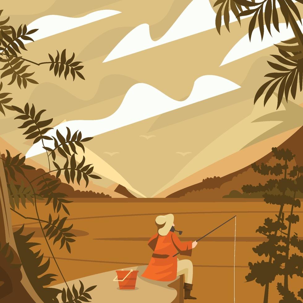 Man Fishing On The River Concept vector