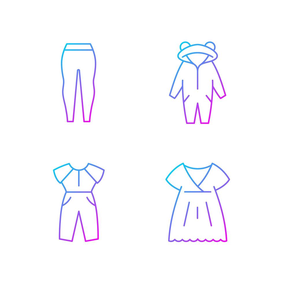 Conjunto de iconos de vector lineal degradado de ropa de dormir. leggings para mujer. kigurumi para niños. mono y vestido extragrande. paquete de símbolos de contorno de línea delgada. colección de ilustraciones de contorno vectorial aislado