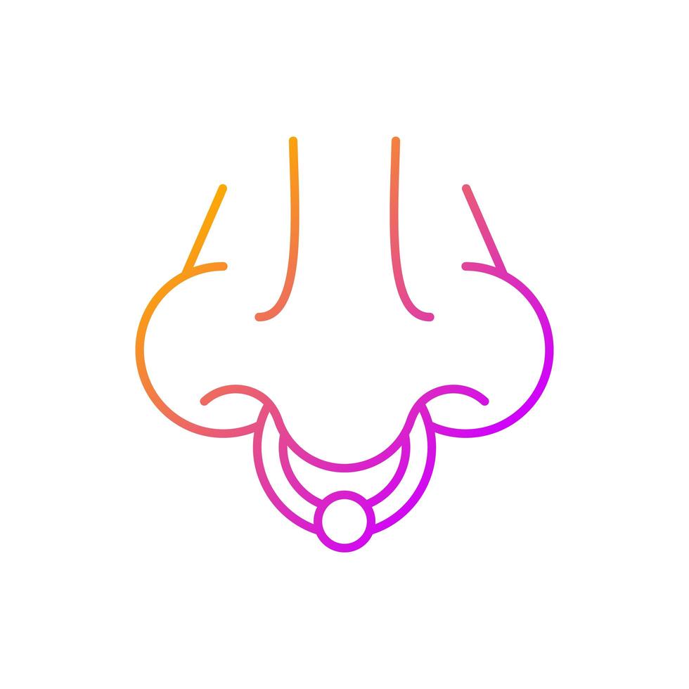 nariz piercing icono de vector lineal degradado. procedimiento profesional para inyectar joyas en las fosas nasales. símbolos de color de línea fina. pictograma de estilo moderno. dibujo de contorno aislado vectorial