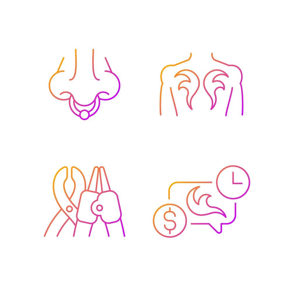 Tattoo and piercing equipment gradient linear vector icons set. Professional tools for tattoo salons. Thin line contour symbols bundle. Isolated vector outline illustrations collection